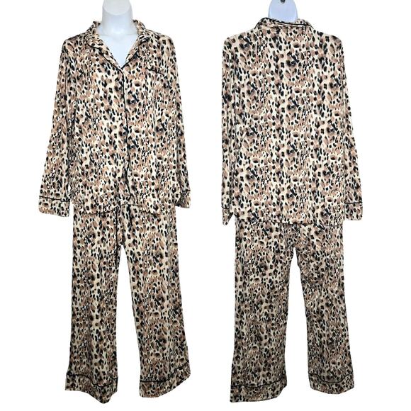 Moon Nite Leopard Print Button Down Two Piece Pajama Pant Set Size 3X NWT - Picture 1 of 3
